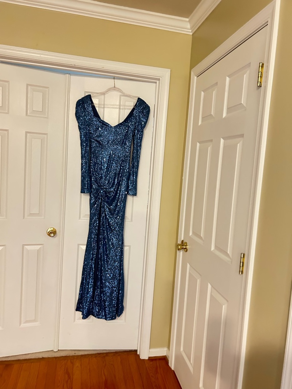 Fashion Nova Navy Blue Sequin Long Sleeve Prom Gown